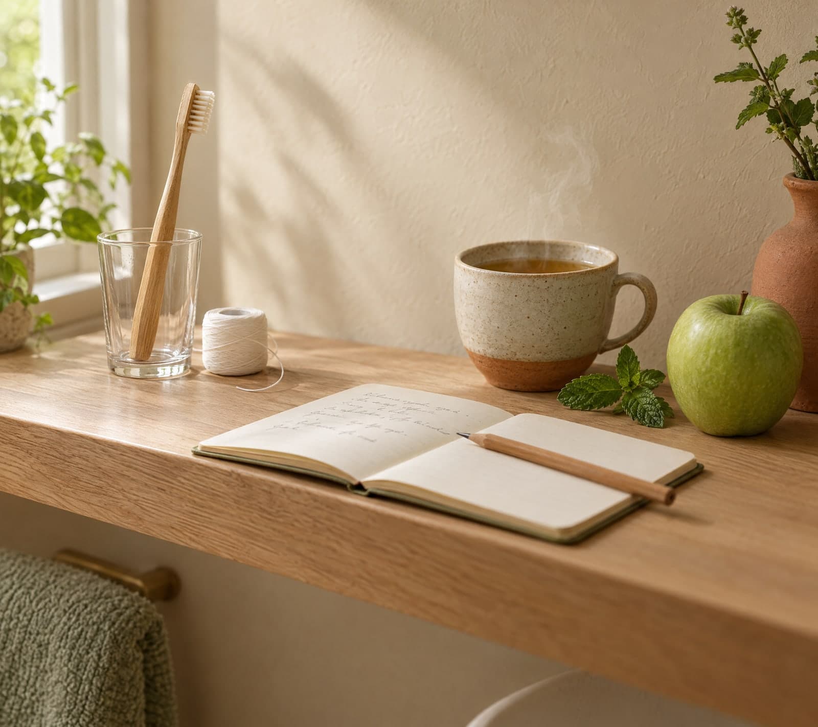 A toothbrush, dental floss, a notebook and a cup of tea on a bathroom shelf