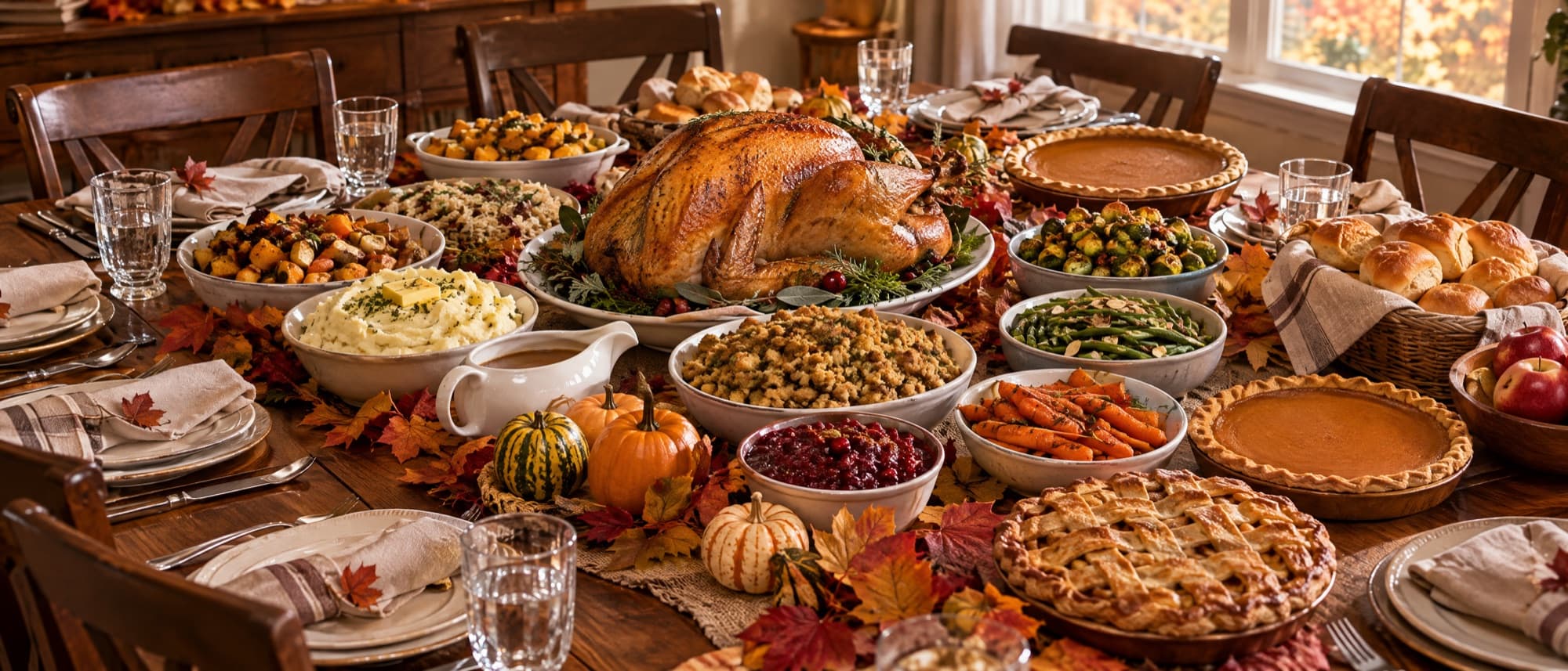 A Thanksgiving dinner table filled with roast turkey, stuffing, mashed potatoes, vegetables, cranberry sauce, rolls and pies, set for a family meal