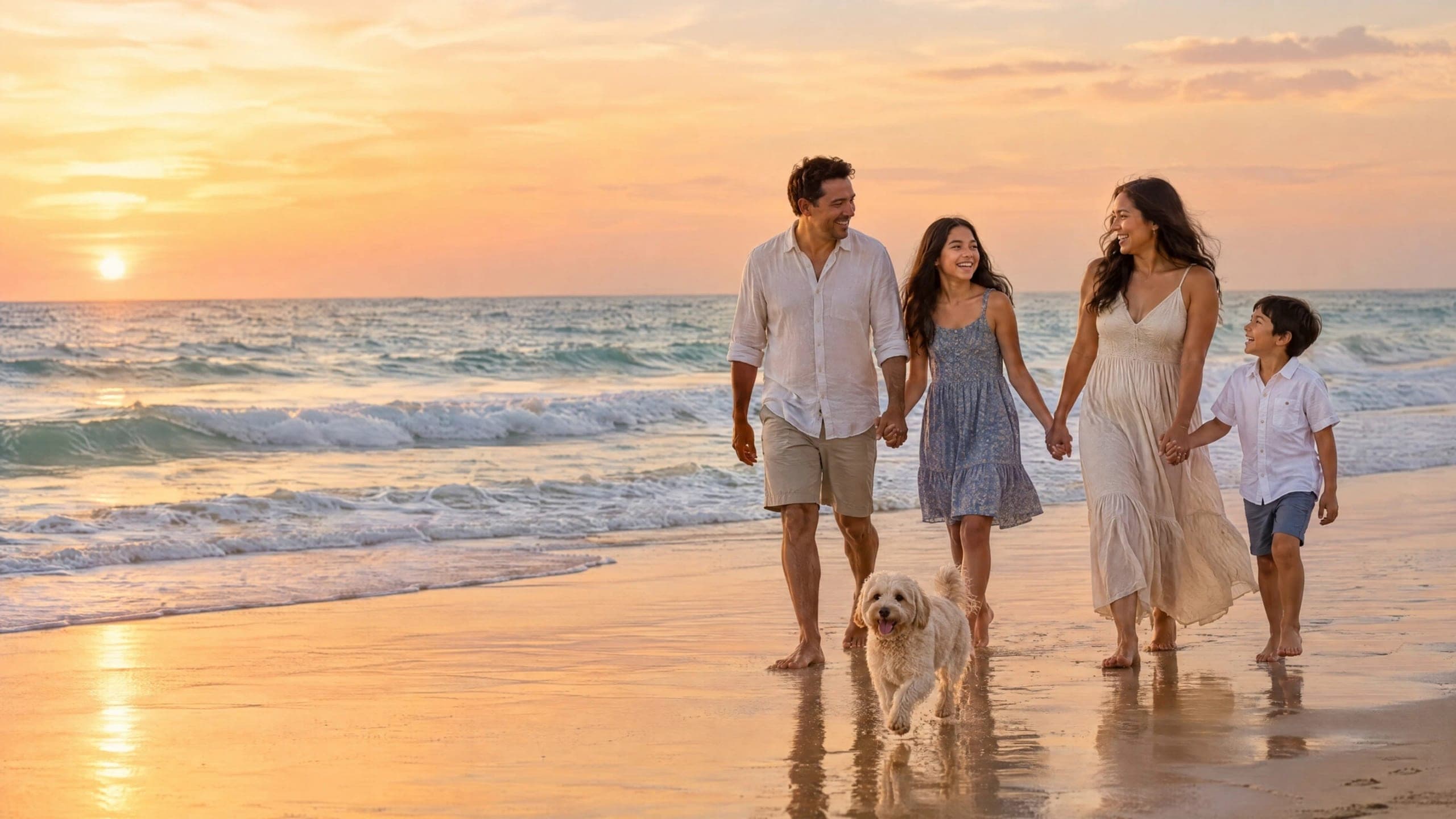 Illustrative AI-generated image of a family walking their dog on a beach at sunset
