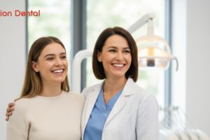 Professional dentist and patient smiling at Orion Dental clinic.