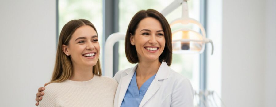 Professional dentist and patient smiling at Orion Dental clinic.